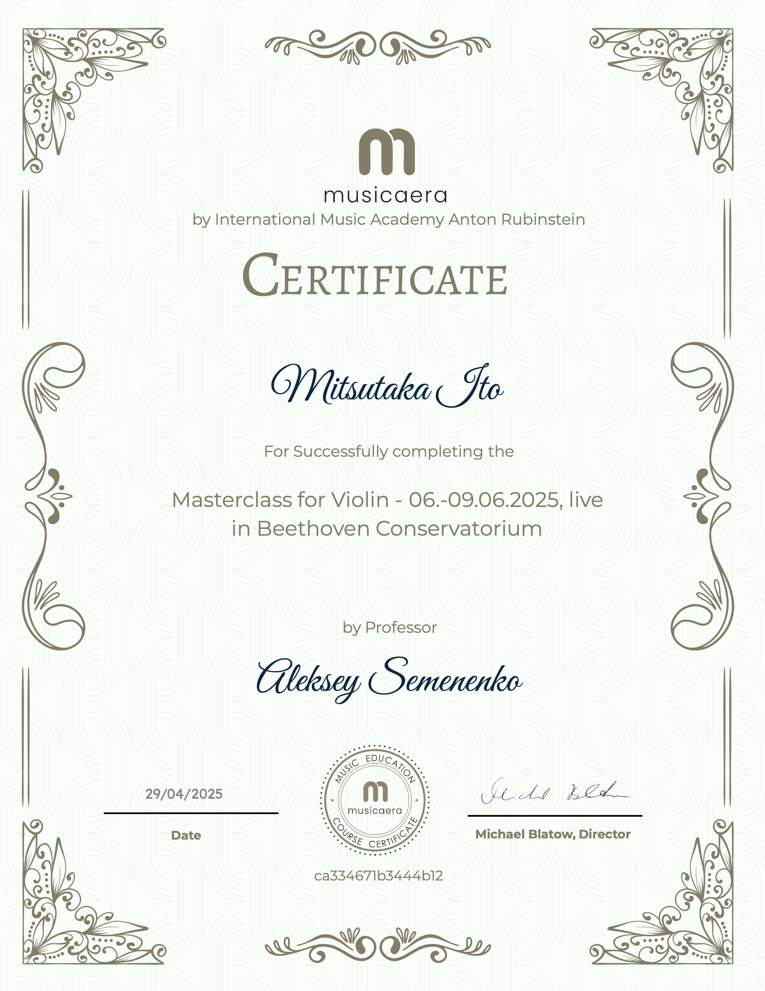 Masterclass for Violin - 06.-09.06.2025, live in Beethoven Conservatorium